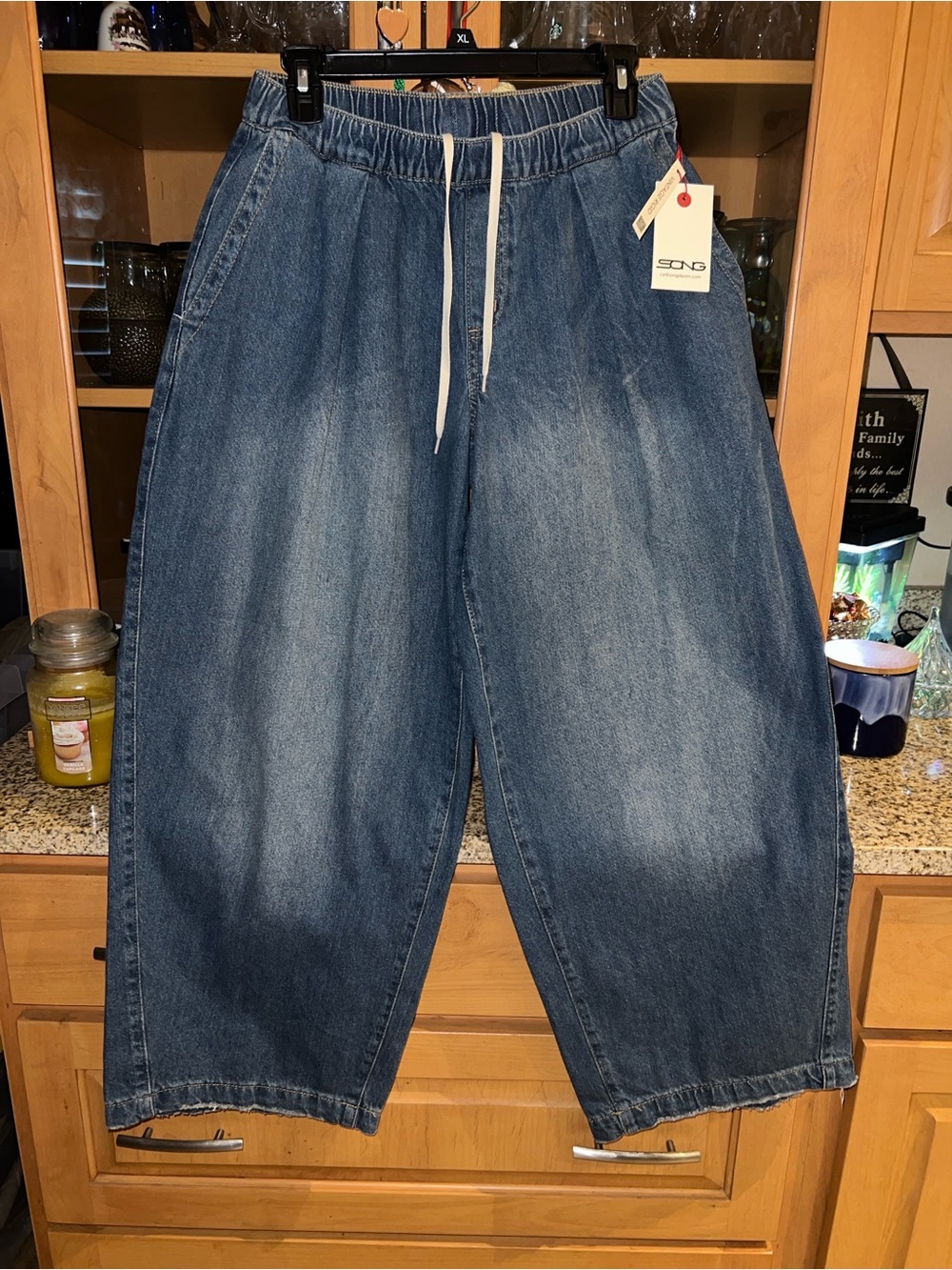 Wide-Leg Drawstring Denim Jeans - Blue